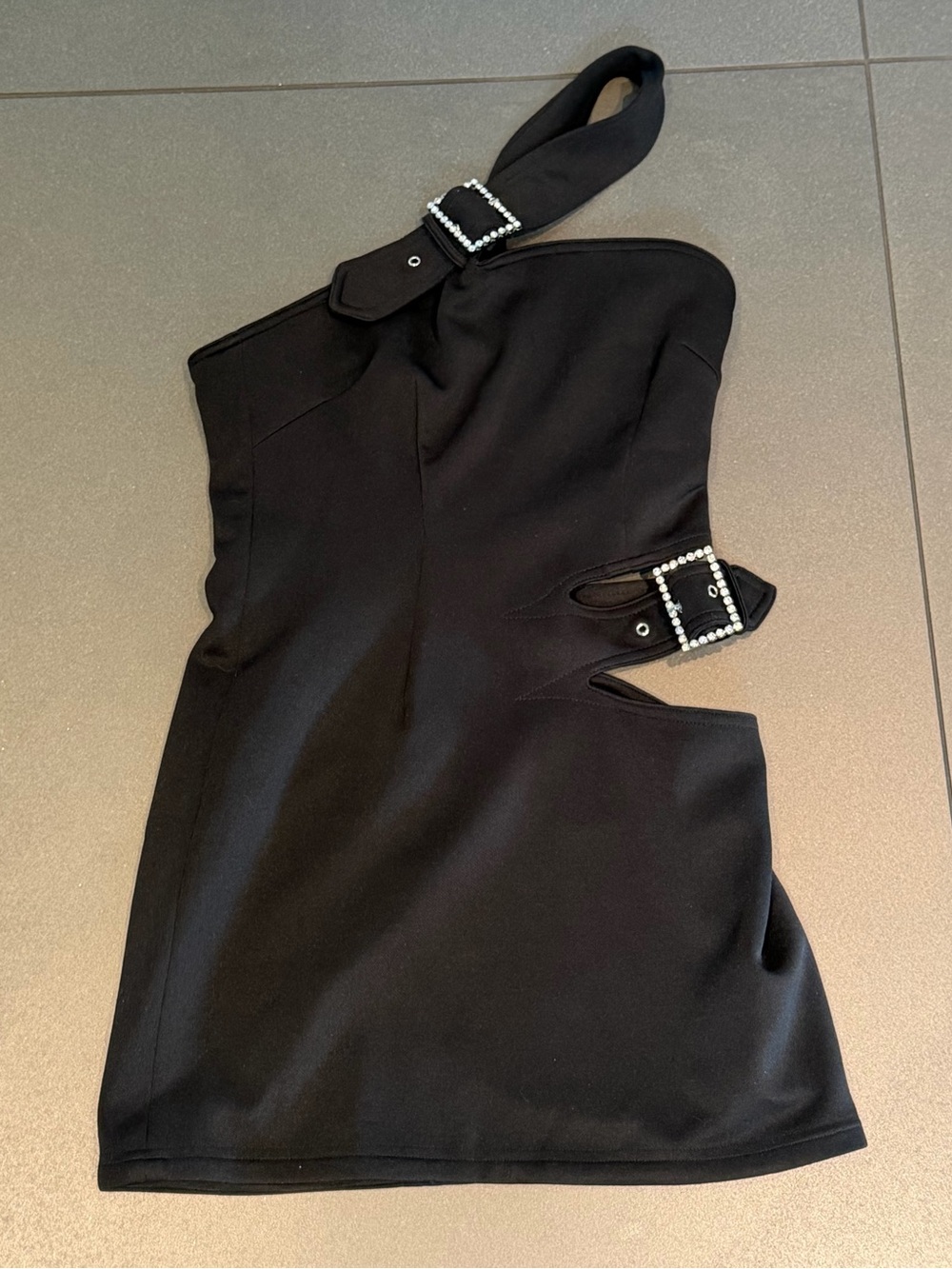 AREA Black One-Shoulder Cutout Mini Dress with Rhinestone Buckles